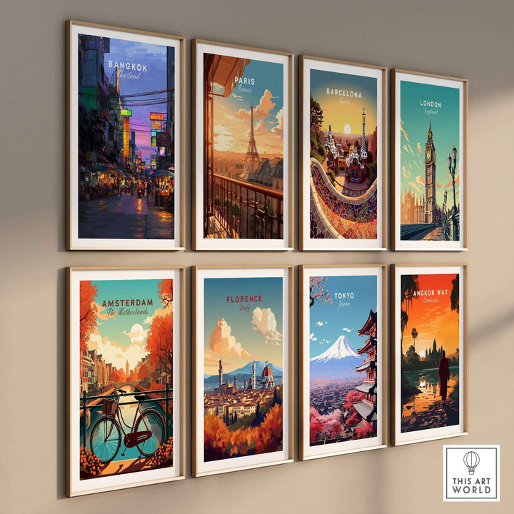 Collection of vibrant city posters including Bangkok, Paris, Barcelona, London, and Tokyo in stylish frames.