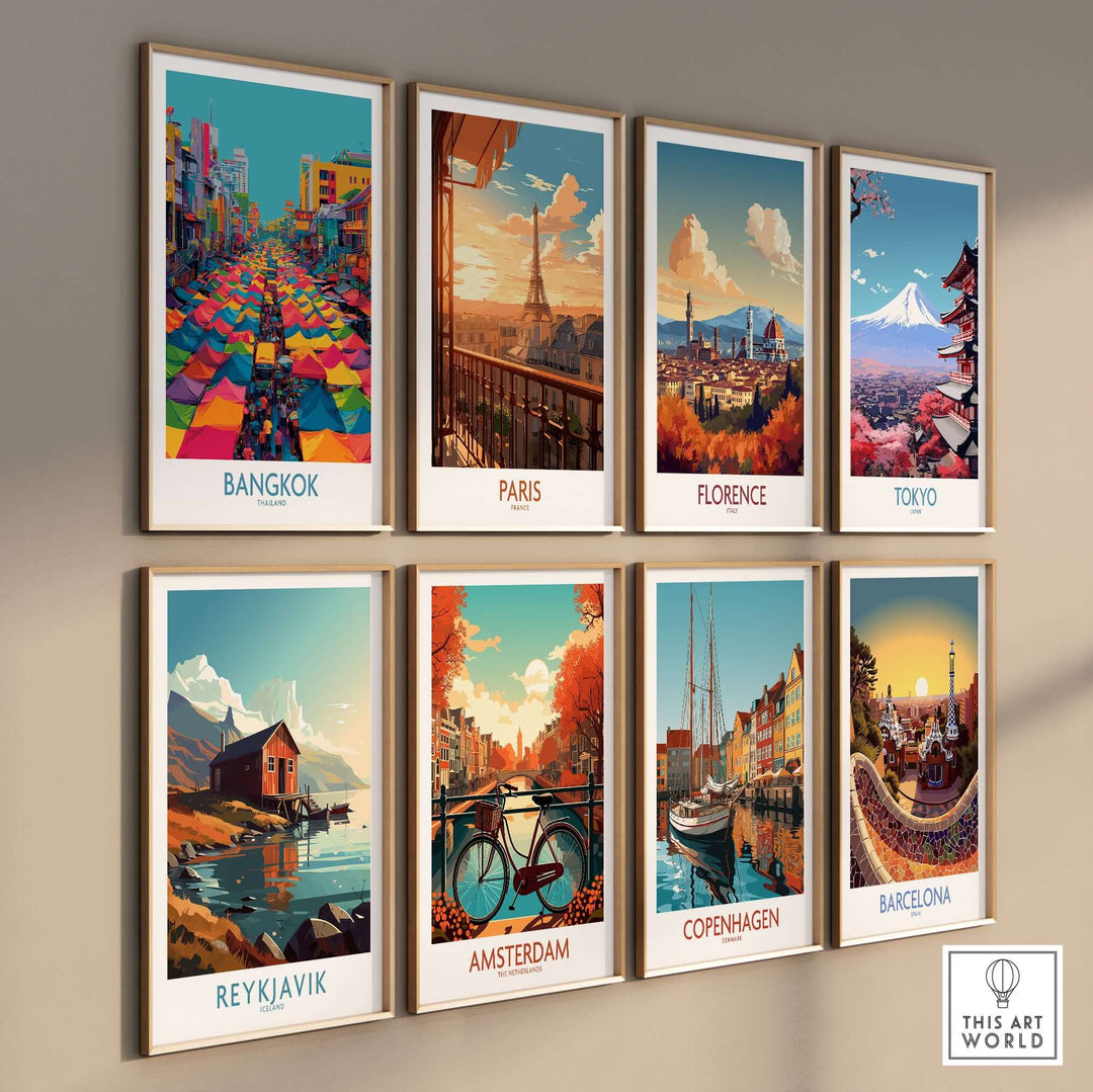 Gallery of vibrant city wall art prints featuring Bangkok, Paris, Florence, Tokyo, Reykjavik, Amsterdam, Copenhagen, and Barcelona.