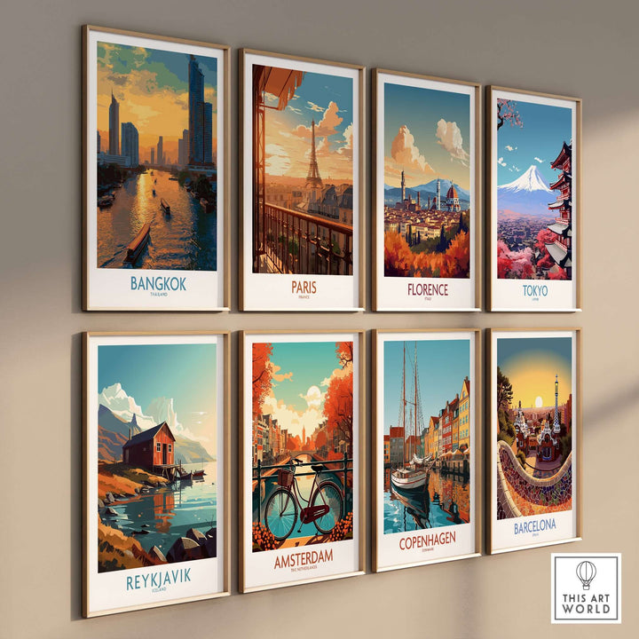 Colorful wall art collection featuring cityscapes of Bangkok, Paris, Florence, Tokyo, Reykjavik, Amsterdam, Copenhagen, and Barcelona.