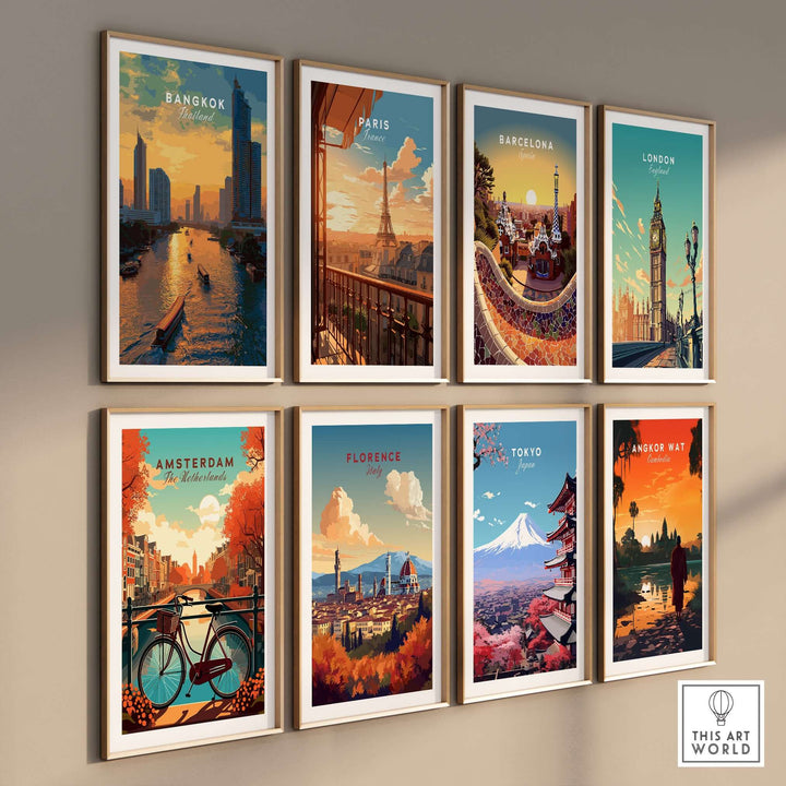 Colorful travel posters featuring skyline views of Bangkok, Paris, Barcelona, London, Amsterdam, Florence, Tokyo, and Angkor Wat.