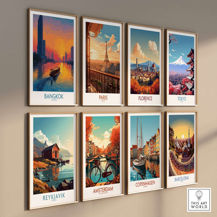 Colorful wall art featuring travel scenes from Bangkok, Paris, Florence, Tokyo, Reykjavik, Amsterdam, Copenhagen, and Barcelona.