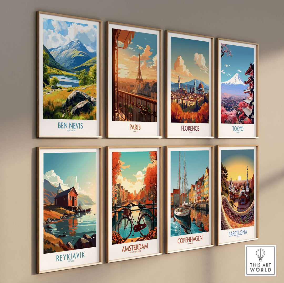 Gallery of travel posters featuring Ben Nevis, Paris, Florence, Tokyo, Reykjavik, Amsterdam, Copenhagen, and Barcelona.