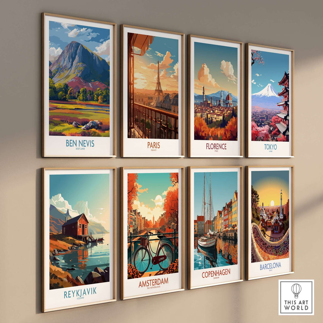 Collection of travel wall art featuring Ben Nevis, Paris, Florence, Tokyo, Reykjavik, Amsterdam, Copenhagen, and Barcelona.