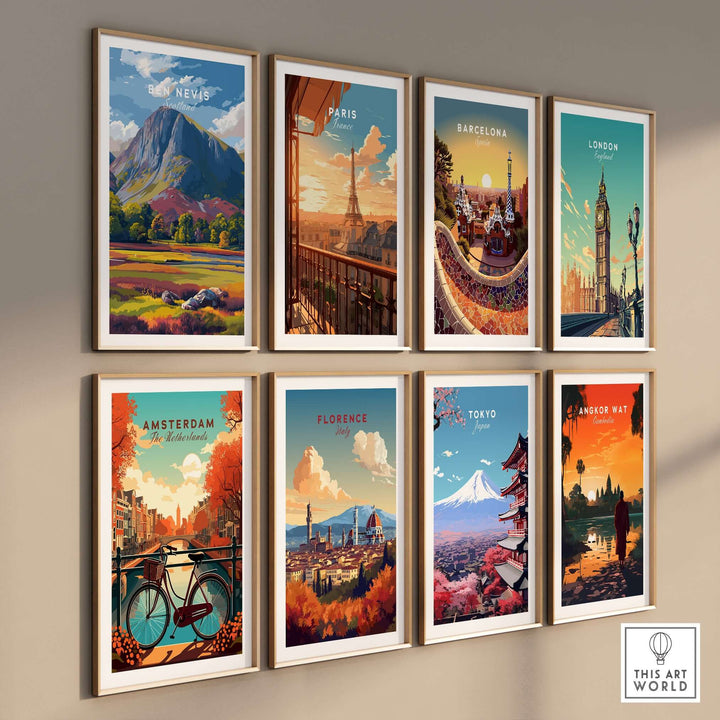 Wall display of vibrant travel posters featuring cities like Paris, Tokyo, and Ben Nevis, showcasing dynamic landscapes and colors.