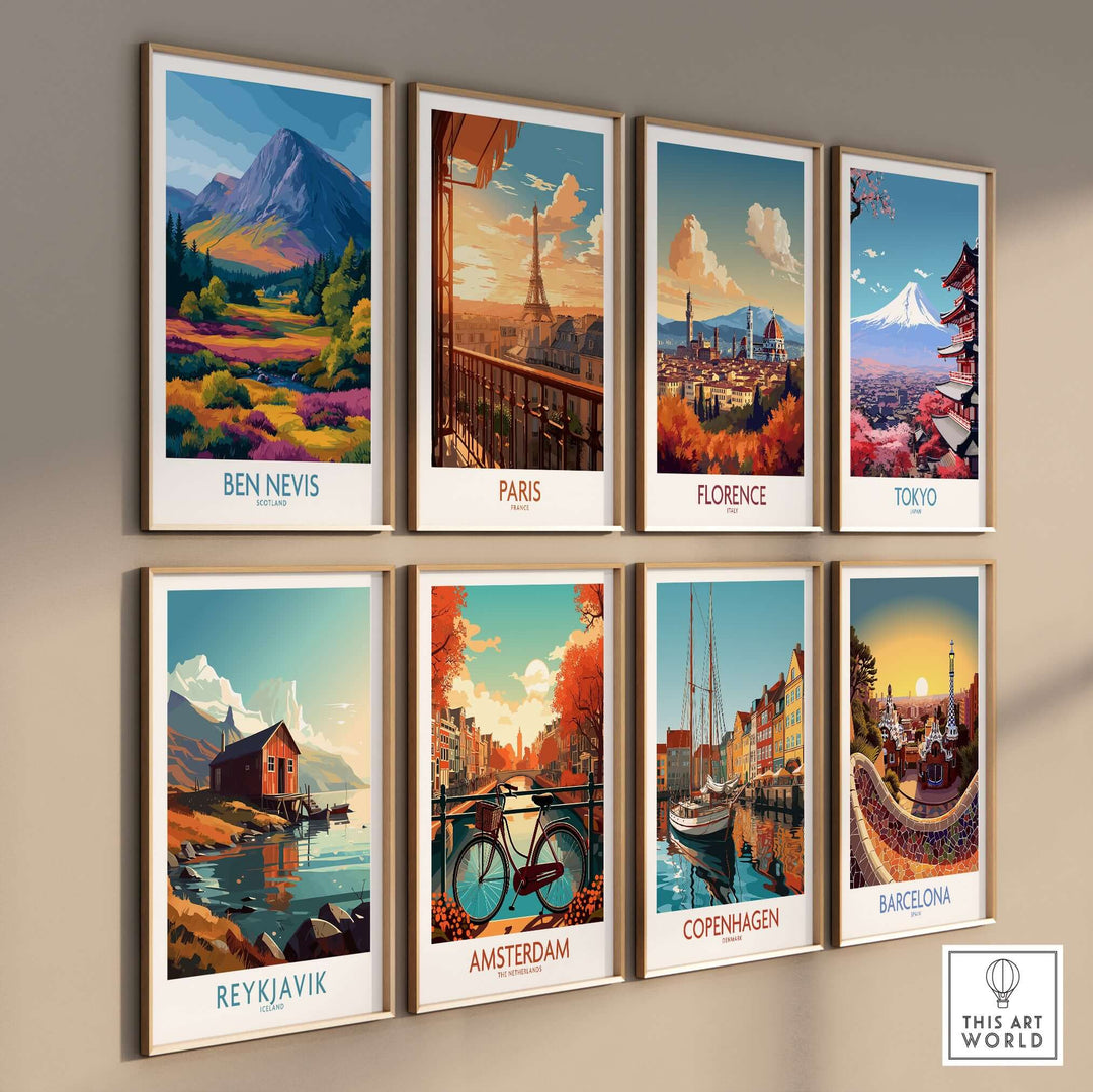 Gallery wall featuring travel prints including Ben Nevis, Paris, Florence, Tokyo, Reykjavik, Amsterdam, Copenhagen, and Barcelona.