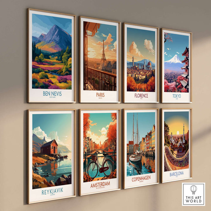 Gallery wall featuring travel prints including Ben Nevis, Paris, Florence, Tokyo, Reykjavik, Amsterdam, Copenhagen, and Barcelona.