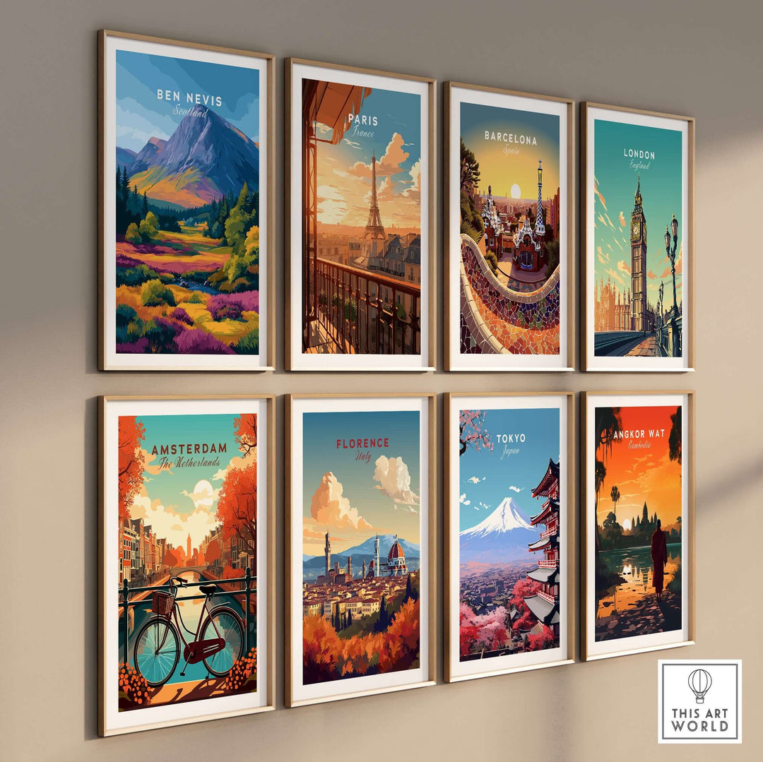 Gallery of vibrant travel posters featuring Ben Nevis, Paris, Barcelona, London, Amsterdam, Florence, Tokyo, and Angkor Wat.