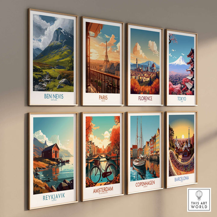 Gallery of travel wall art prints featuring Ben Nevis, Paris, Florence, Tokyo, Reykjavik, Amsterdam, Copenhagen, and Barcelona.