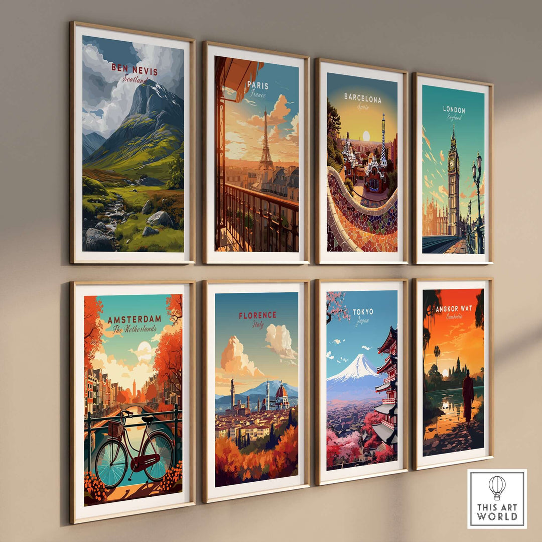 Gallery wall featuring art prints of landscapes including Ben Nevis, Paris, Barcelona, London, and more.
