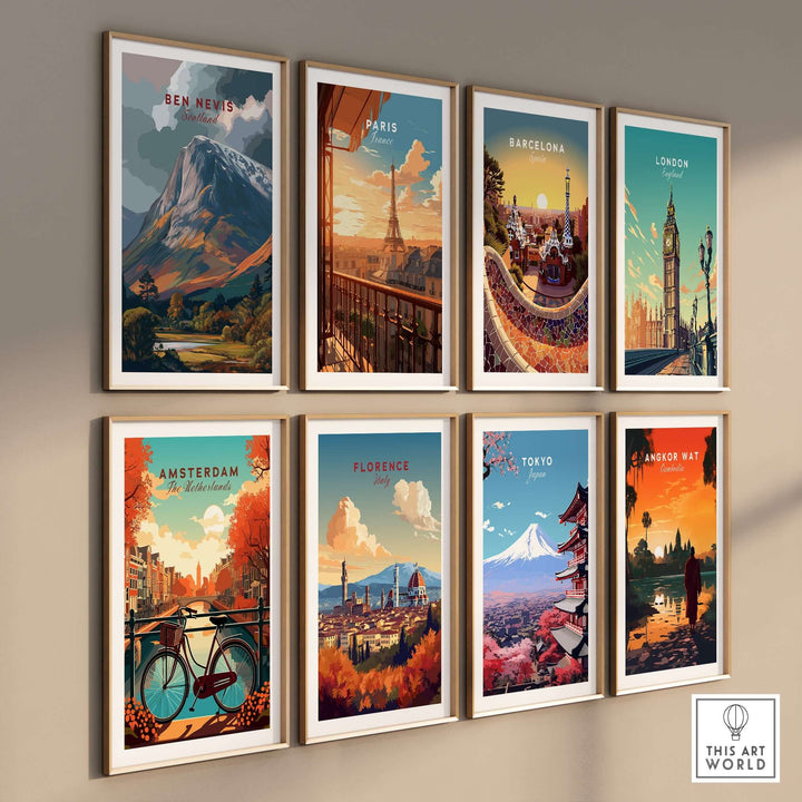 Gallery wall art featuring city posters of Ben Nevis, Paris, Barcelona, London, Amsterdam, Florence, Tokyo, and Angkor Wat.