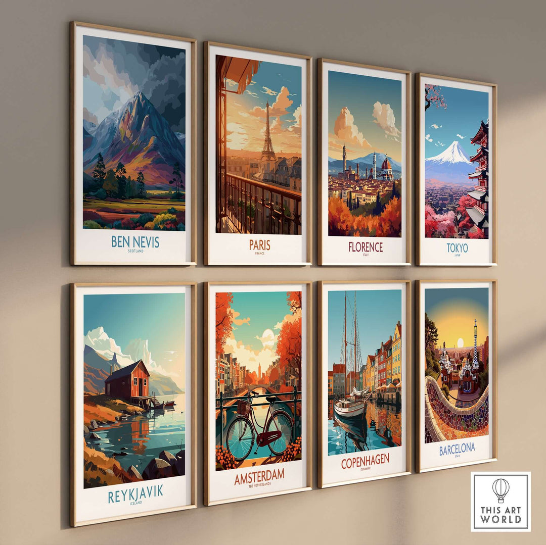 Gallery of travel posters featuring Ben Nevis, Paris, Florence, Tokyo, Reykjavik, Amsterdam, Copenhagen, Barcelona.