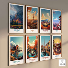 Ben Nevis Wall Art Scotland Moody Skies - Scottish Highlands Travel Poster displayed with other city travel posters.