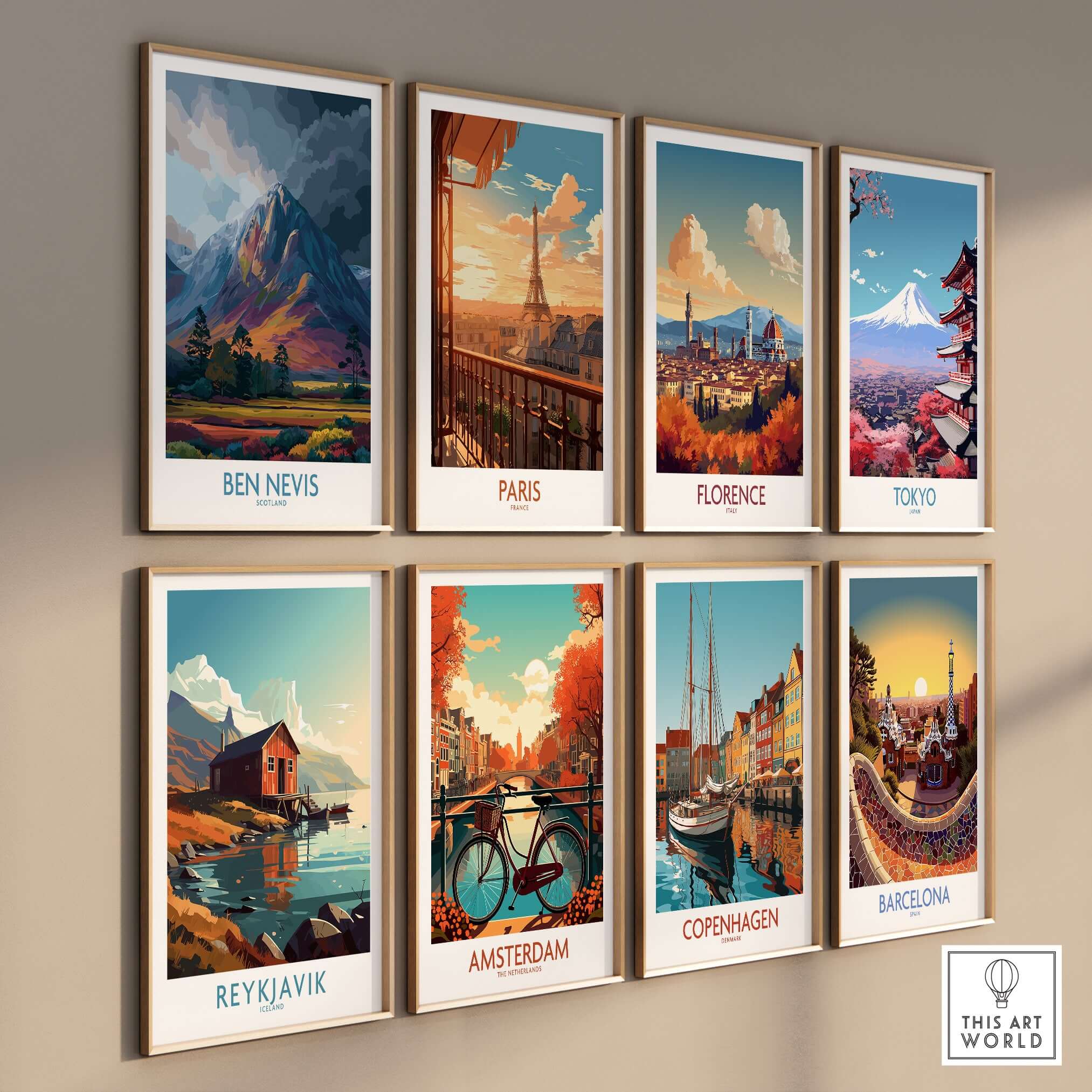 Ben Nevis Wall Art Scotland Moody Skies - Scottish Highlands Travel Poster displayed with other city travel posters.