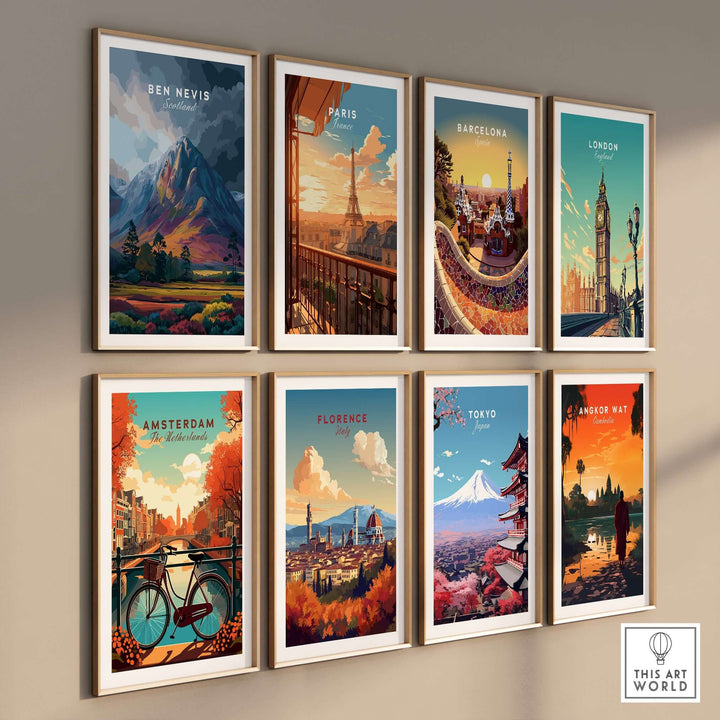 Gallery of vibrant city and landscape art prints including Ben Nevis, Paris, Barcelona, London, and more.
