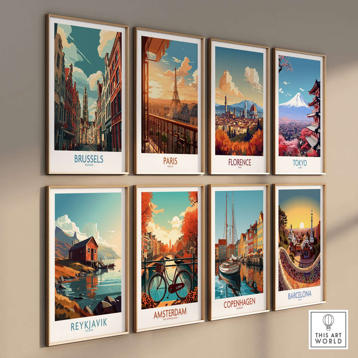 Gallery of travel posters featuring Brussels, Paris, Florence, Tokyo, Reykjavik, Amsterdam, Copenhagen, and Barcelona.