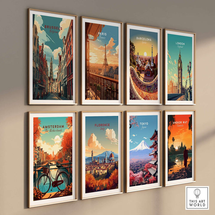 Collection of vibrant city posters including Brussels, Paris, Barcelona, London, Amsterdam, Florence, Tokyo, and Angkor Wat.