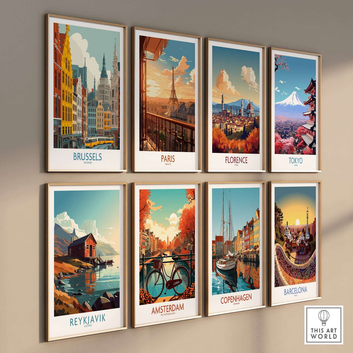 Gallery of colorful cityscape prints featuring Brussels, Paris, Florence, Tokyo, Reykjavik, Amsterdam, Copenhagen, and Barcelona.