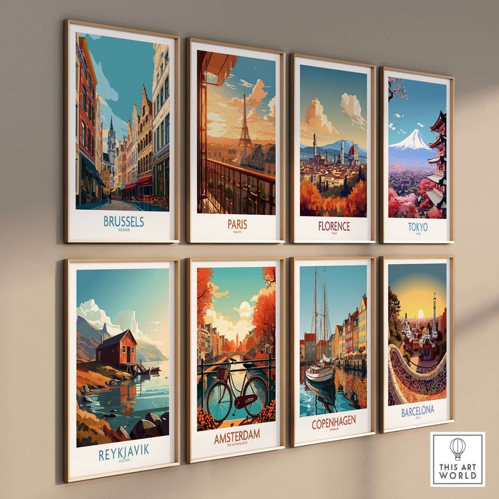 Gallery of vibrant city wall art prints featuring Brussels, Paris, Florence, Tokyo, Reykjavik, Amsterdam, Copenhagen, and Barcelona.