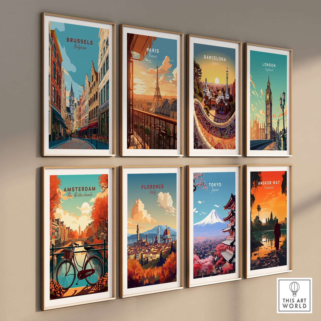 Collection of vintage city posters including Brussels, Paris, Barcelona, London, Amsterdam, Florence, Tokyo, and Angkor Wat.