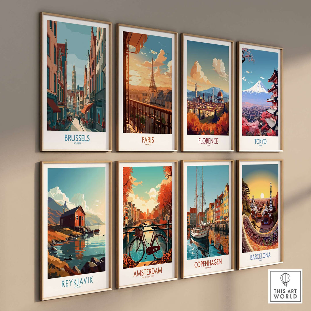 Colorful wall art prints of famous cities including Brussels, Paris, Florence, Tokyo, Reykjavik, Amsterdam, Copenhagen, and Barcelona.