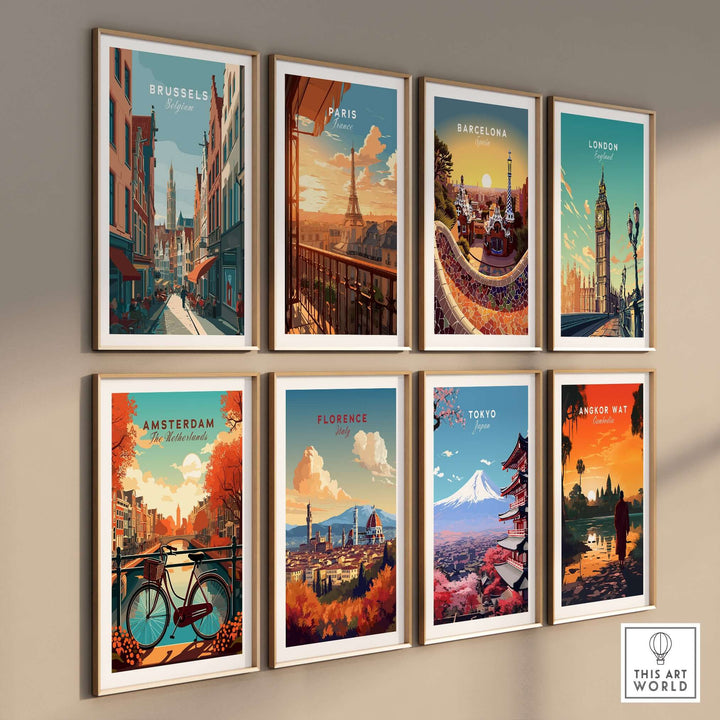 Gallery of vibrant city art prints including Brussels, Paris, Barcelona, London, Amsterdam, Florence, Tokyo, and Angkor Wat.
