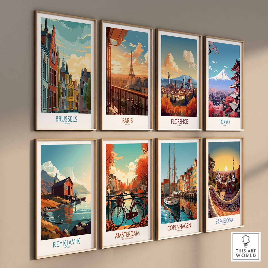 Collection of vibrant travel posters featuring Brussels, Paris, Florence, Tokyo, Reykjavik, Amsterdam, Copenhagen, and Barcelona.