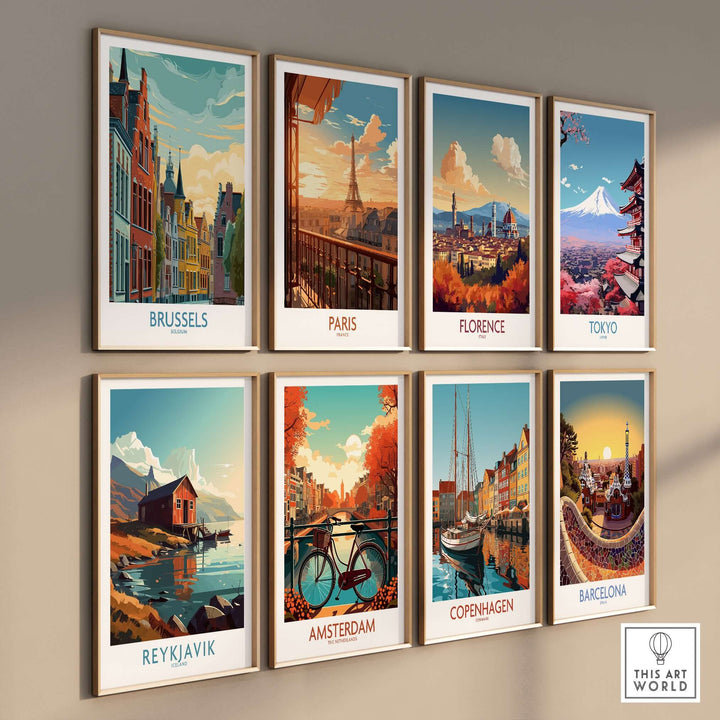 Collection of vibrant travel posters featuring Brussels, Paris, Florence, Tokyo, Reykjavik, Amsterdam, Copenhagen, and Barcelona.