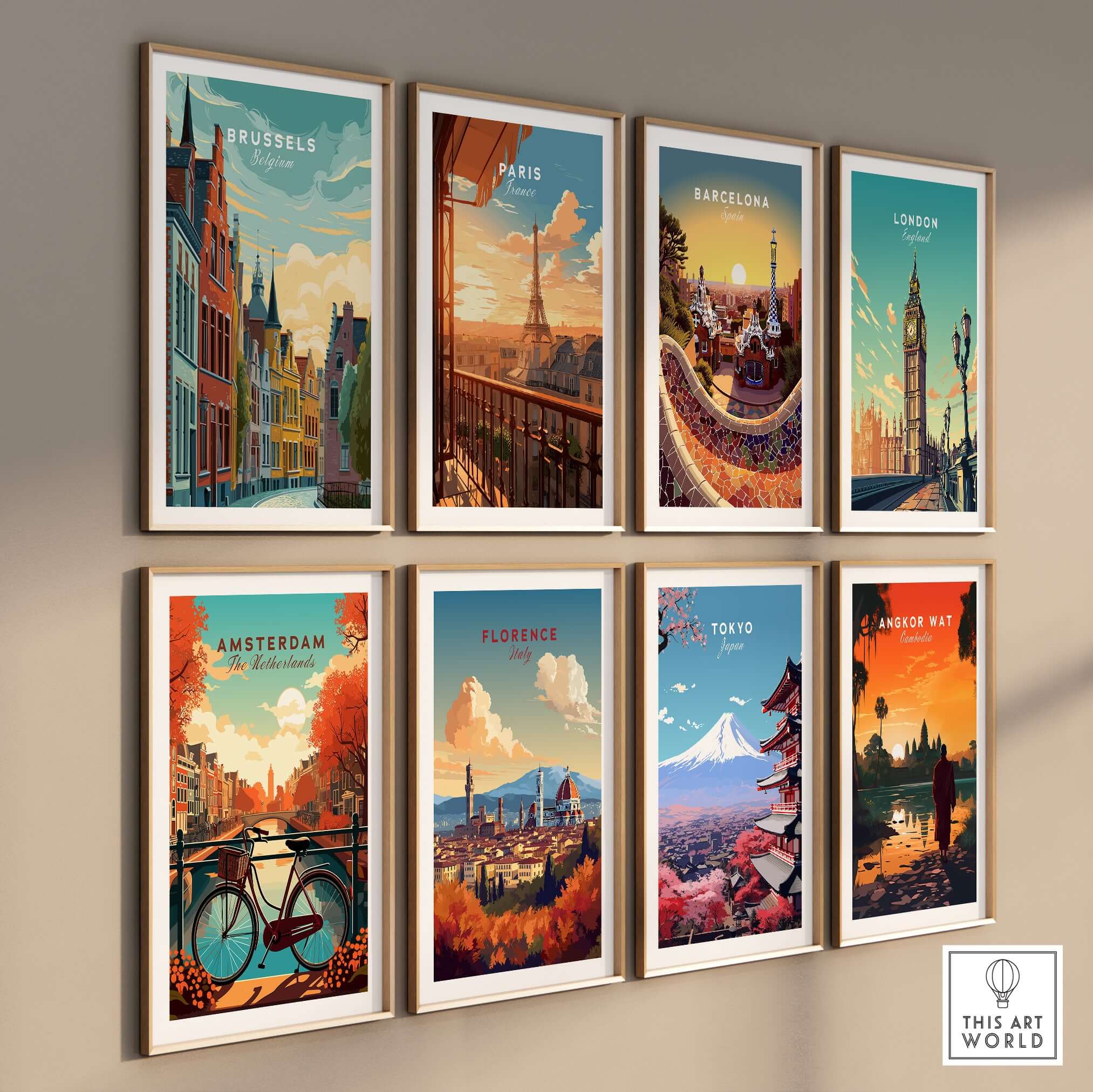 Brussels Belgium Historic Houses Sunset Poster - Iconic European Architecture Print displayed among various city posters