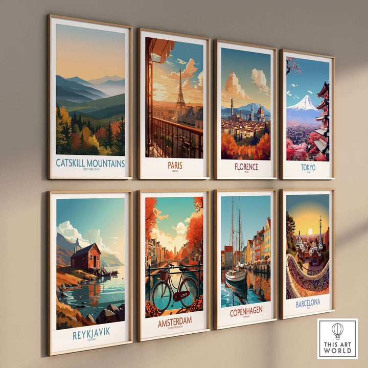 Collection of travel posters featuring Catskill Mountains, Paris, Florence, Tokyo, Reykjavik, Amsterdam, Copenhagen, and Barcelona.