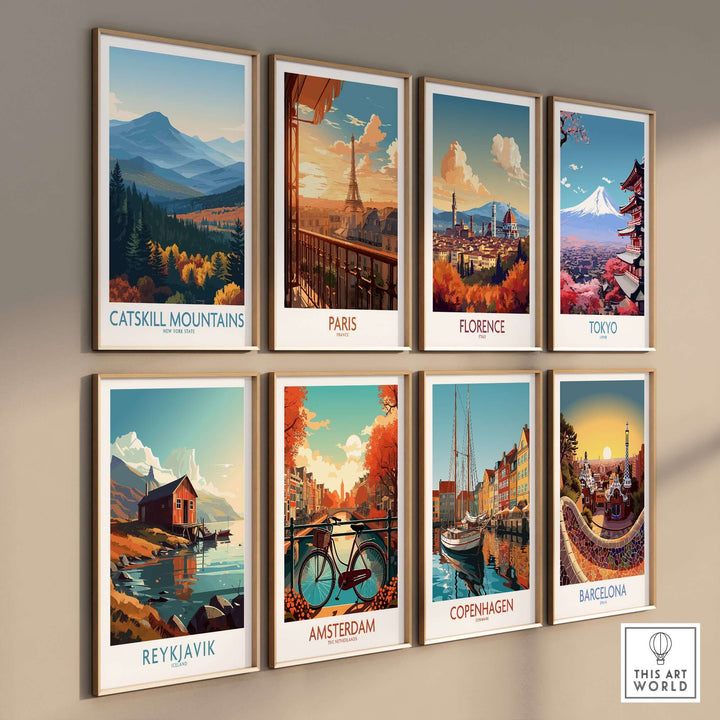 Collection of travel posters featuring Catskill Mountains, Paris, Florence, Tokyo, Reykjavik, Amsterdam, Copenhagen, and Barcelona.