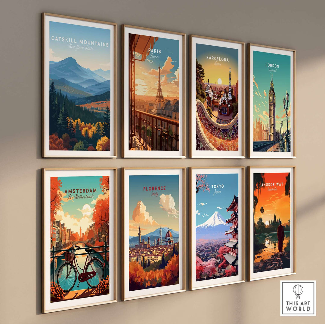 Gallery of travel-themed wall art including catskill mountains and iconic cities like Paris and Tokyo.