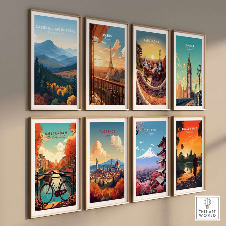 Gallery of travel-themed wall art including catskill mountains and iconic cities like Paris and Tokyo.