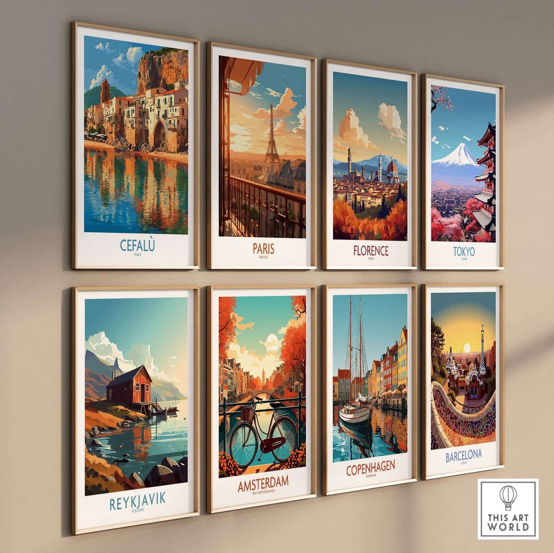 Collection of vintage travel posters featuring Cefalù, Paris, Florence, Tokyo, Reykjavik, Amsterdam, Copenhagen, and Barcelona.