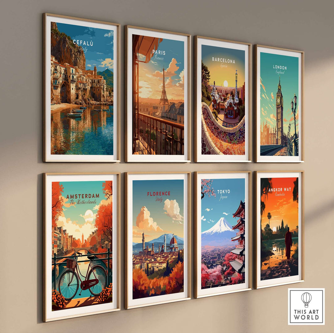 Gallery of framed art prints featuring iconic cities like Cefalù, Paris, Barcelona, and Tokyo.