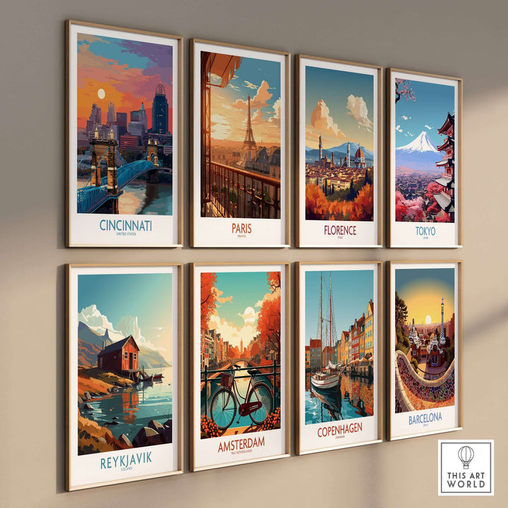 Gallery of travel cityscape prints featuring Cincinnati, Paris, Florence, Tokyo, Reykjavik, Amsterdam, Copenhagen, and Barcelona.