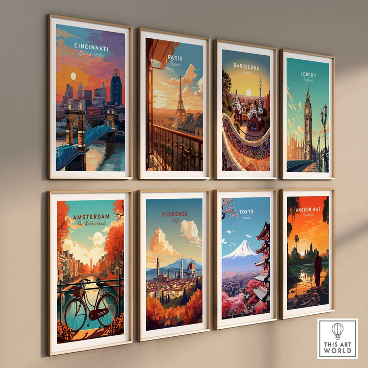 Collection of colorful city skyline posters including Cincinnati, Paris, Barcelona, and more, displayed in stylish frames.