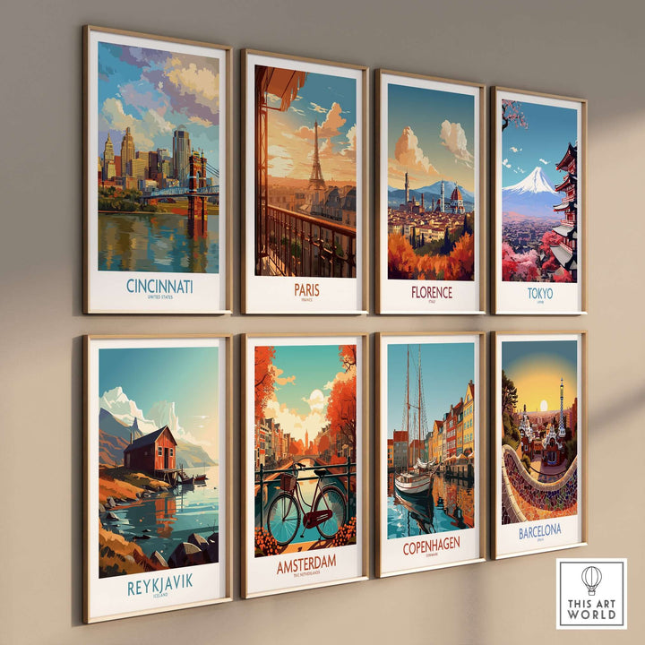 Colorful cityscape posters including Cincinnati, Paris, Florence, and Tokyo displayed on a wall.