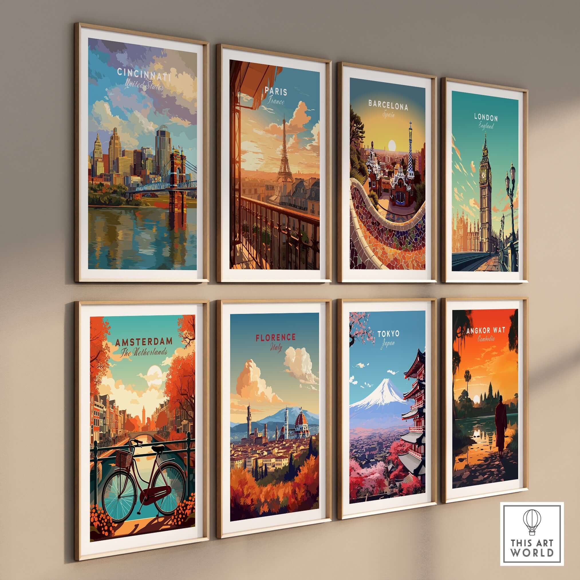 Cincinnati Ohio Skyline Print - Roebling Bridge Wall Art displayed among cityscape prints of Paris, Barcelona, London, Amsterdam, Florence, Tokyo, Angkor Wat.