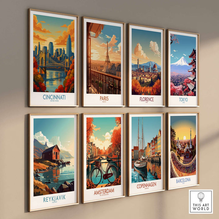 Collection of cityscape prints featuring Cincinnati, Paris, Florence, Tokyo, Reykjavik, Amsterdam, Copenhagen, and Barcelona.