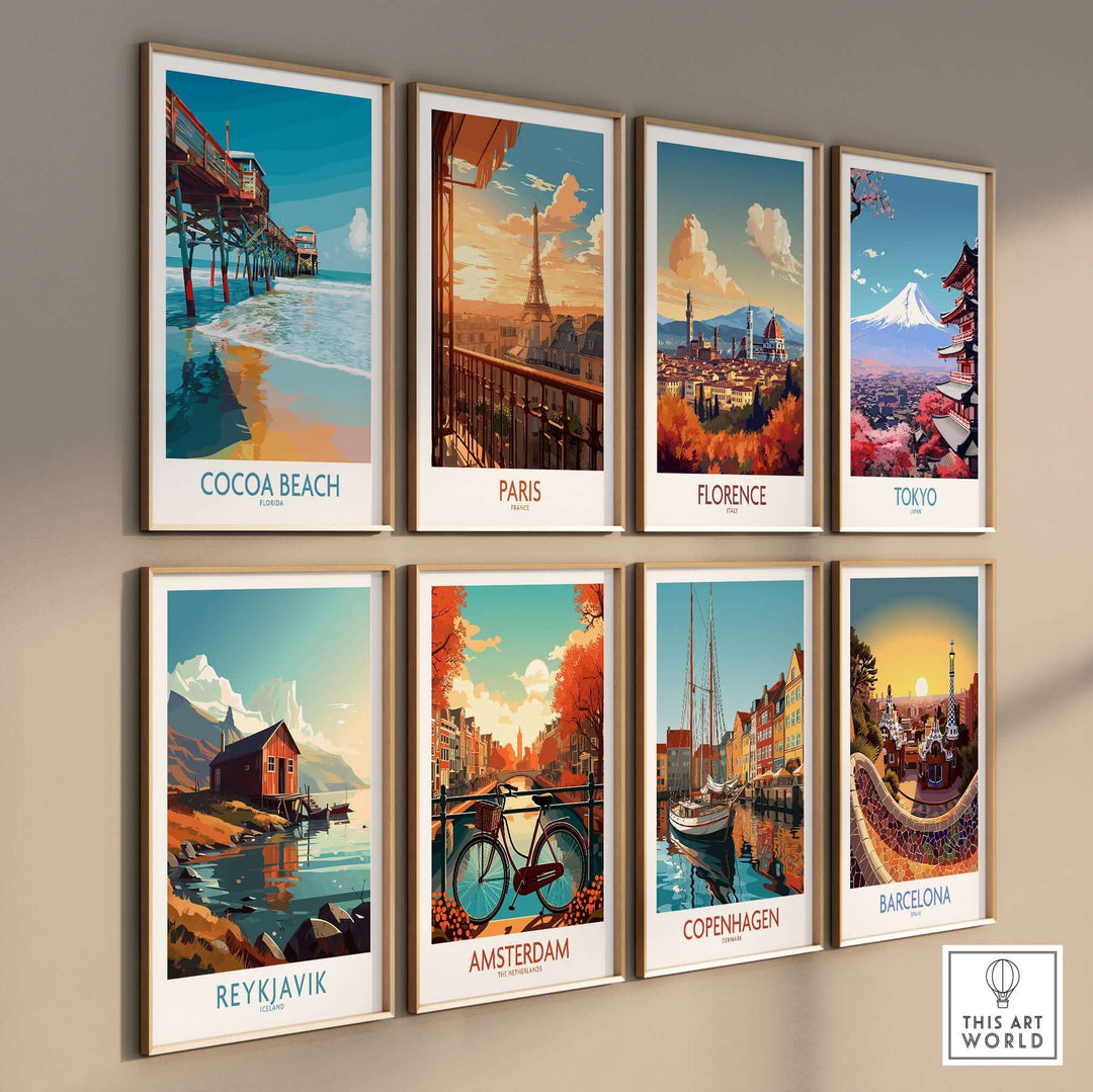 Cocoa Beach Pier poster and travel art prints of iconic cities, bringing coastal and global vibes to home decor.