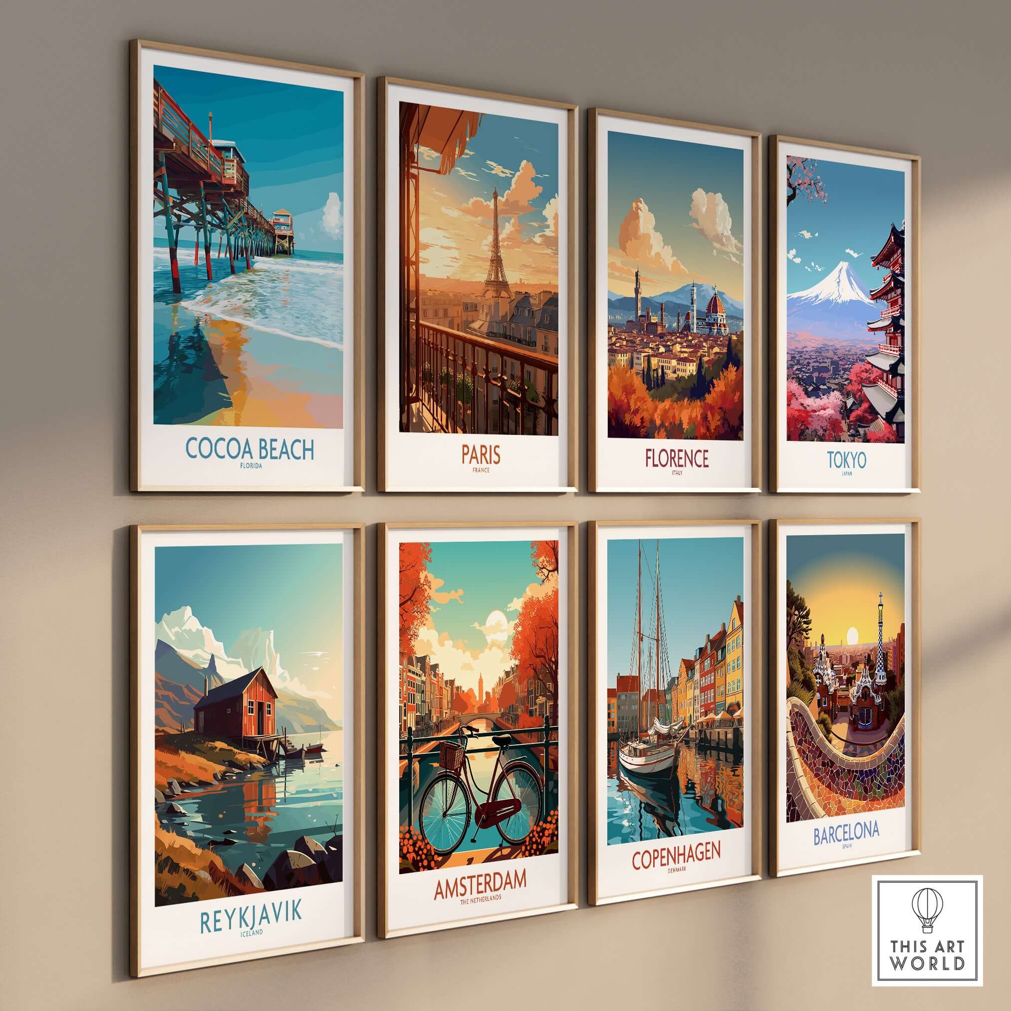 Cocoa Beach Pier Poster - Florida Beach Travel Decor and assorted travel posters on display.