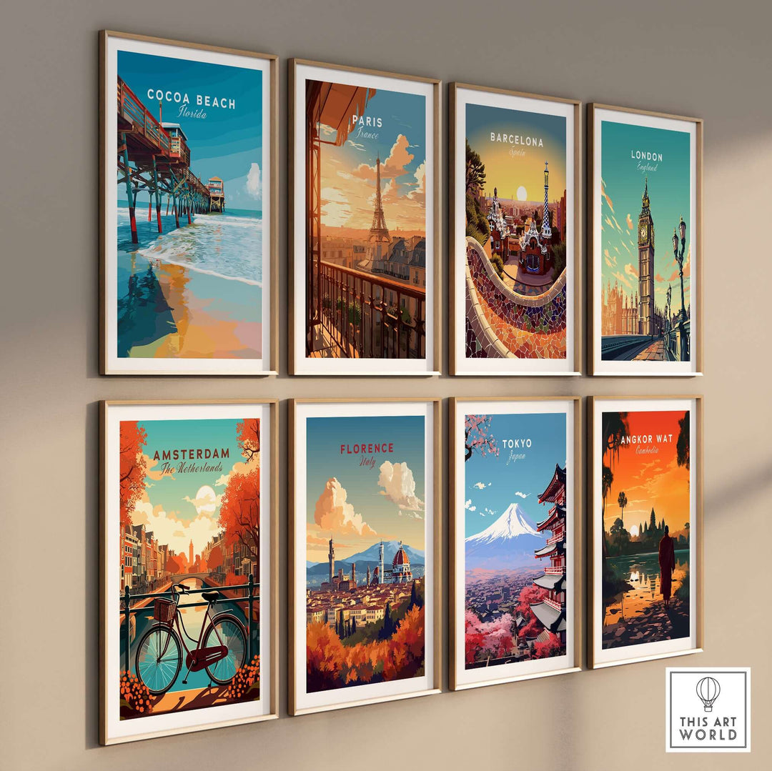 Colorful framed prints of iconic cities including Cocoa Beach, Paris, and Tokyo displayed on a gallery wall.