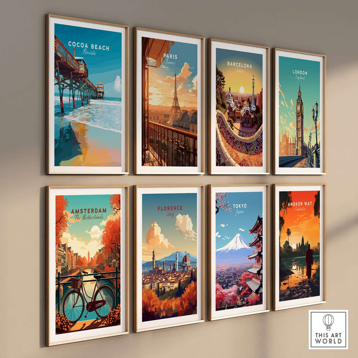 Colorful framed prints of iconic cities including Cocoa Beach, Paris, and Tokyo displayed on a gallery wall.