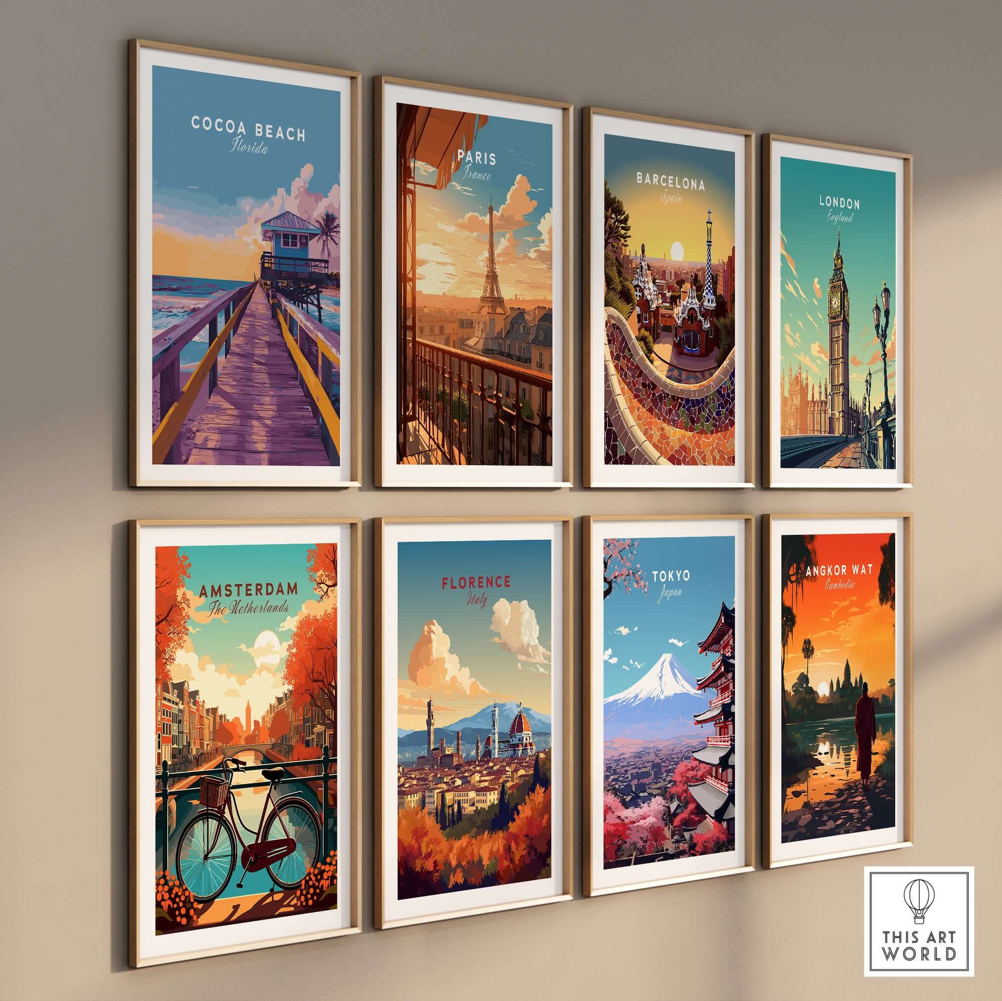 Cocoa Beach Boardwalk Print - Florida Sunset Wall Art displayed in a gallery wall of travel-themed art prints.