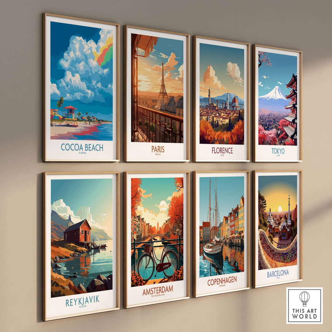 Gallery wall of travel posters including Cocoa Beach, Paris, Florence, Tokyo, Amsterdam, Copenhagen, Reykjavik, and Barcelona.