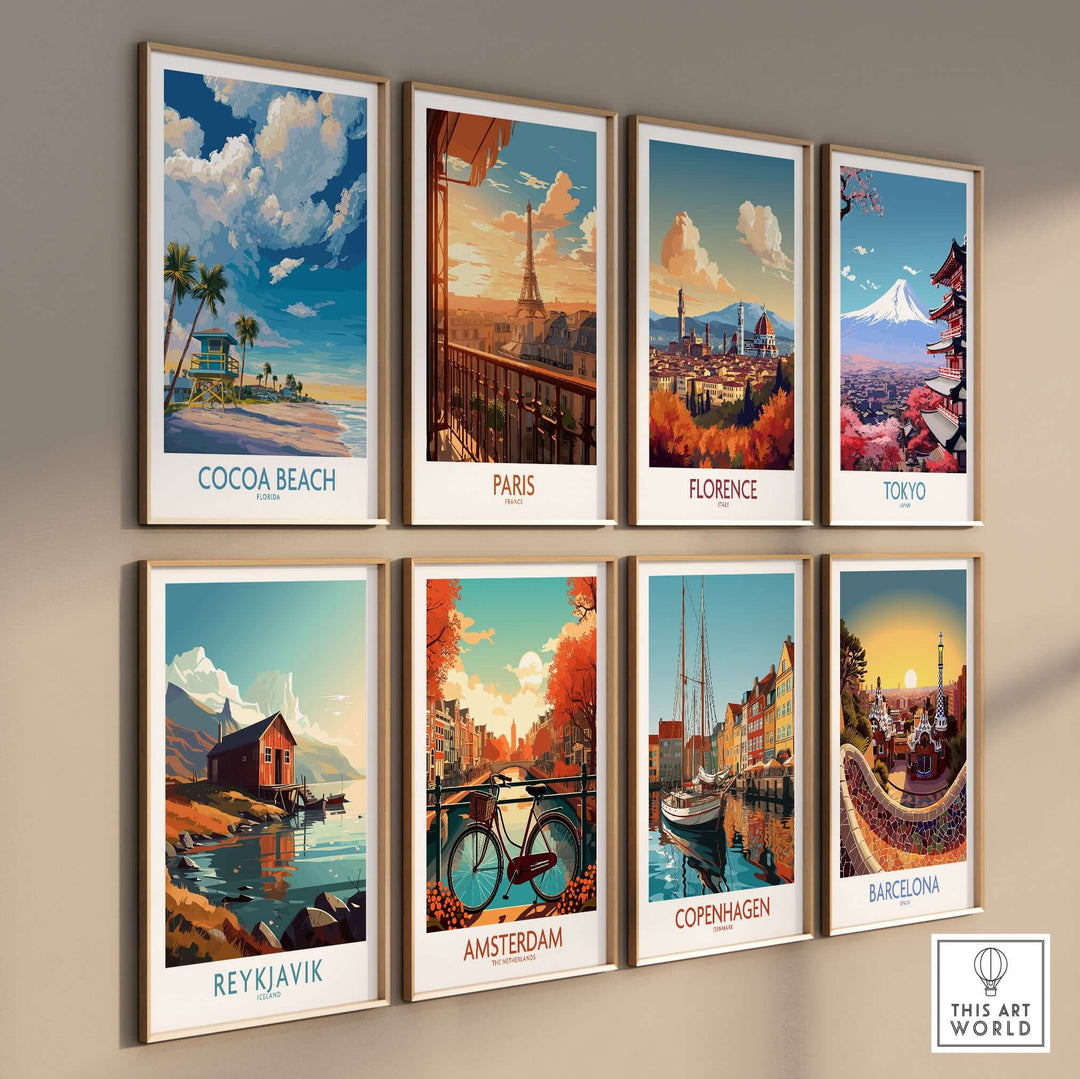 Colorful travel art prints featuring Cocoa Beach, Paris, Florence, Tokyo, Reykjavik, Amsterdam, Copenhagen, and Barcelona.