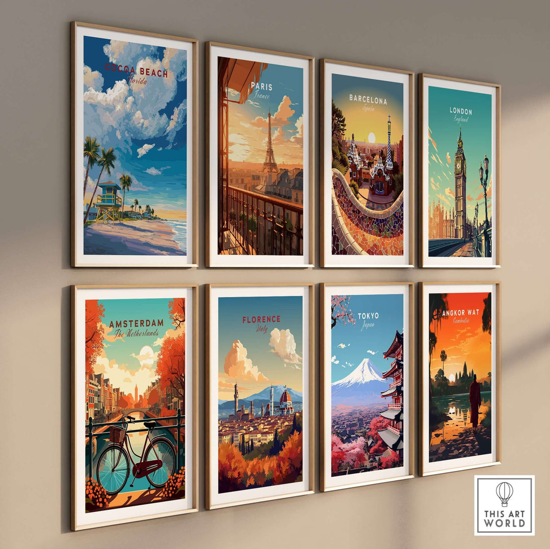 Collection of travel posters featuring Cocoa Beach, Paris, Barcelona, London, Amsterdam, Florence, Tokyo, and Angkor Wat.