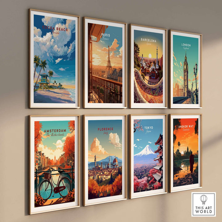 Collection of travel posters featuring Cocoa Beach, Paris, Barcelona, London, Amsterdam, Florence, Tokyo, and Angkor Wat.