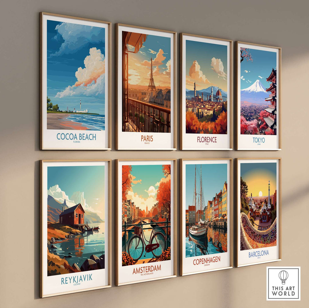 Cocoa Beach Kennedy Space Center, Paris, Florence, Tokyo, Reykjavik, Amsterdam, Copenhagen, Barcelona art prints on wall.