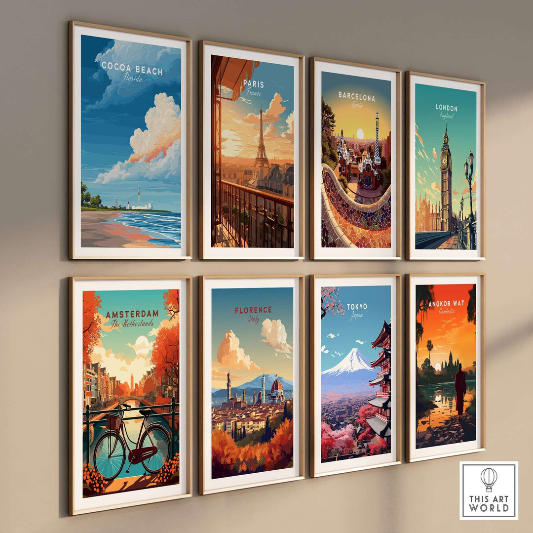 Framed wall art featuring Cocoa Beach, Paris, Barcelona, London, Amsterdam, Florence, Tokyo, and Angkor Wat prints.